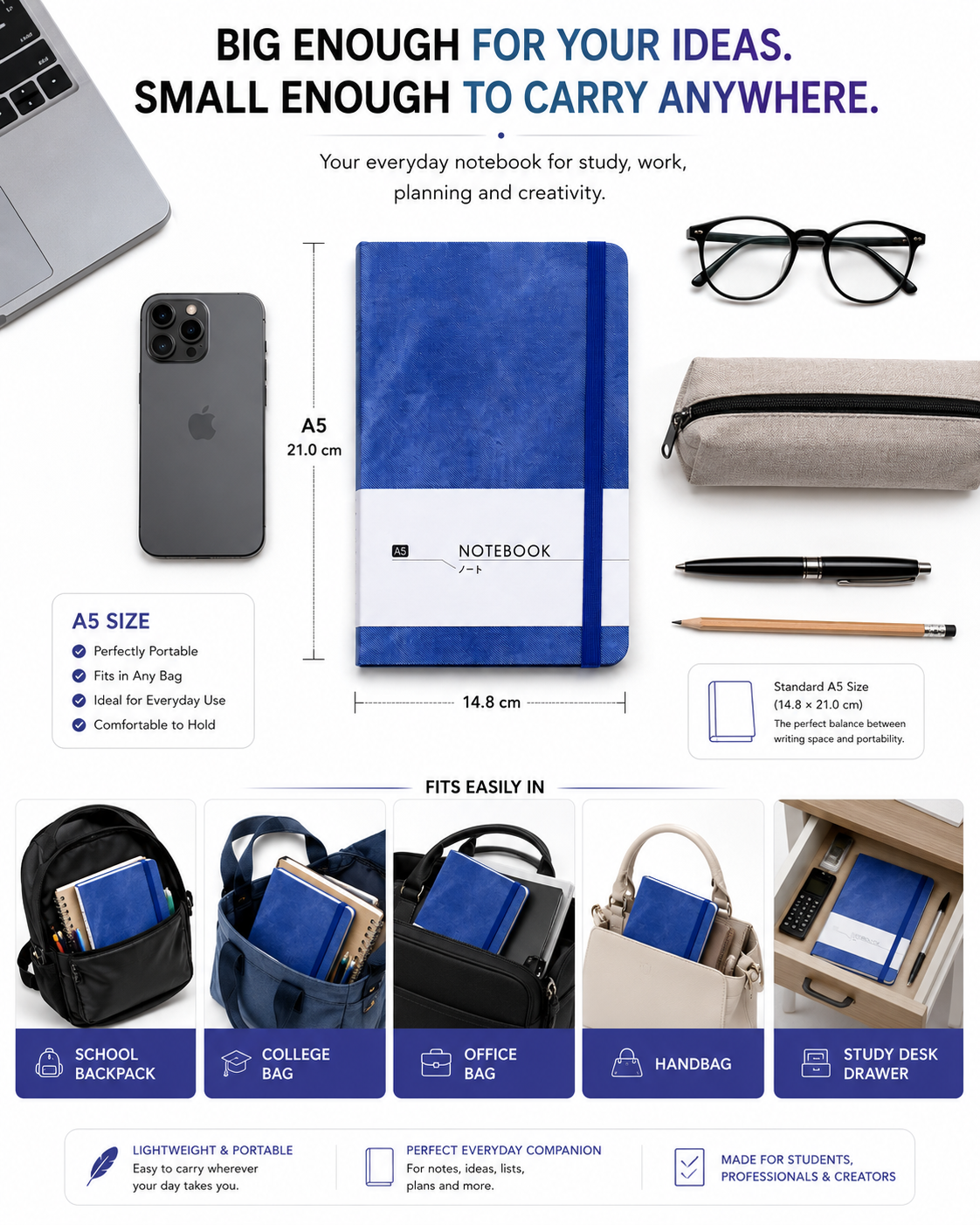 A5 Everyday Notebook – Stylish Journal for Notes, Study, Work, Planning & Daily Ideas  More unique / premium option: