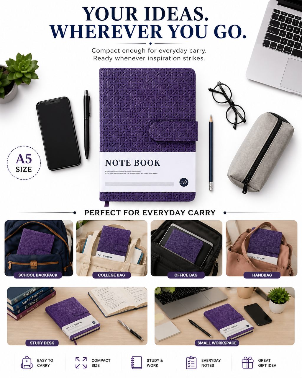 Classic A5 Writing Journal with Magnetic-Style Closure – Keep Your Notes Safe, Neat & Organized