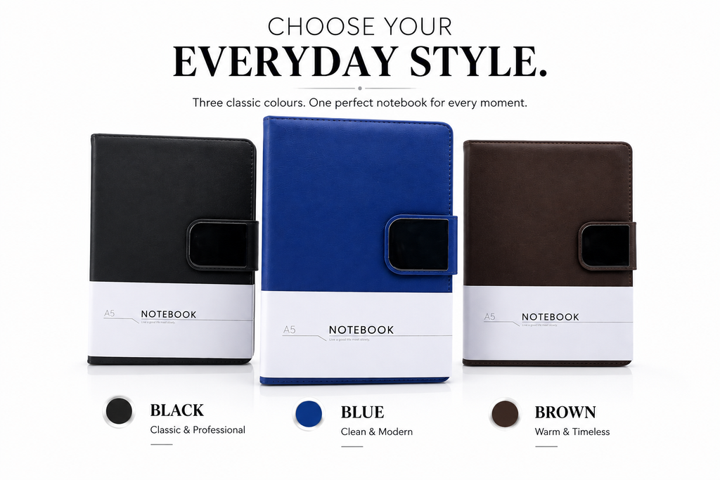 NOTEBOOK” belly band  and three visible colours—black  blue and brown.