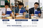 NOTEBOOK” belly band  and three visible colours—black  blue and brown.