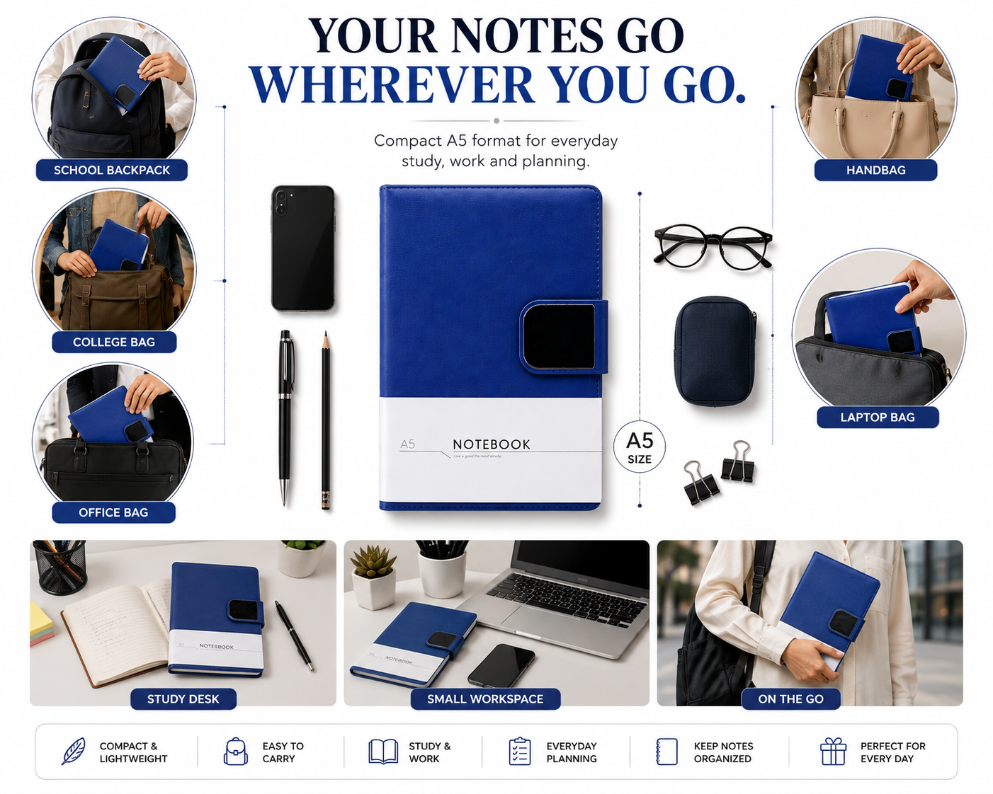 NOTEBOOK” belly band  and three visible colours—black  blue and brown.