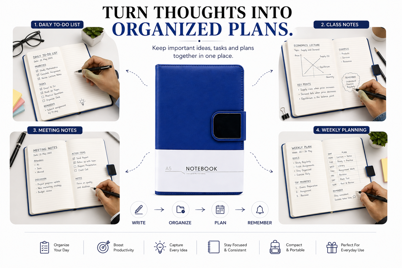 NOTEBOOK” belly band  and three visible colours—black  blue and brown.