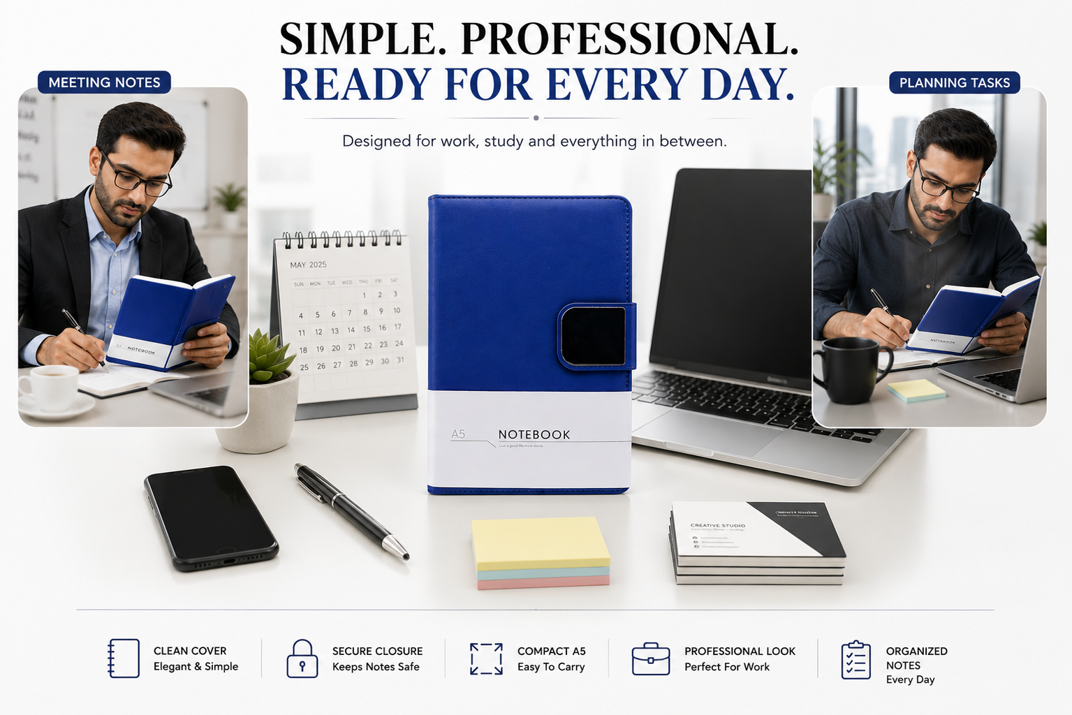 NOTEBOOK” belly band  and three visible colours—black  blue and brown.