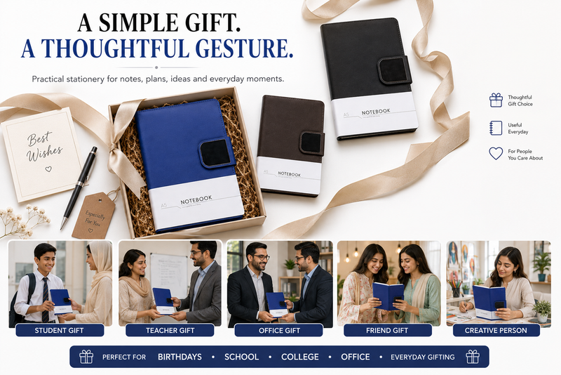 NOTEBOOK” belly band  and three visible colours—black  blue and brown.