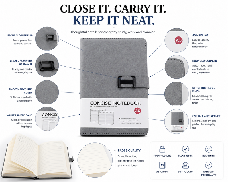 A5 Concise Notebook – Stylish Hardcover Journal with Secure Front Closure for Students, Office & Everyday Use