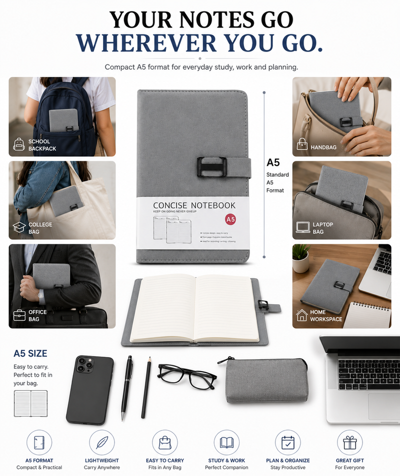A5 Concise Notebook – Stylish Hardcover Journal with Secure Front Closure for Students, Office & Everyday Use