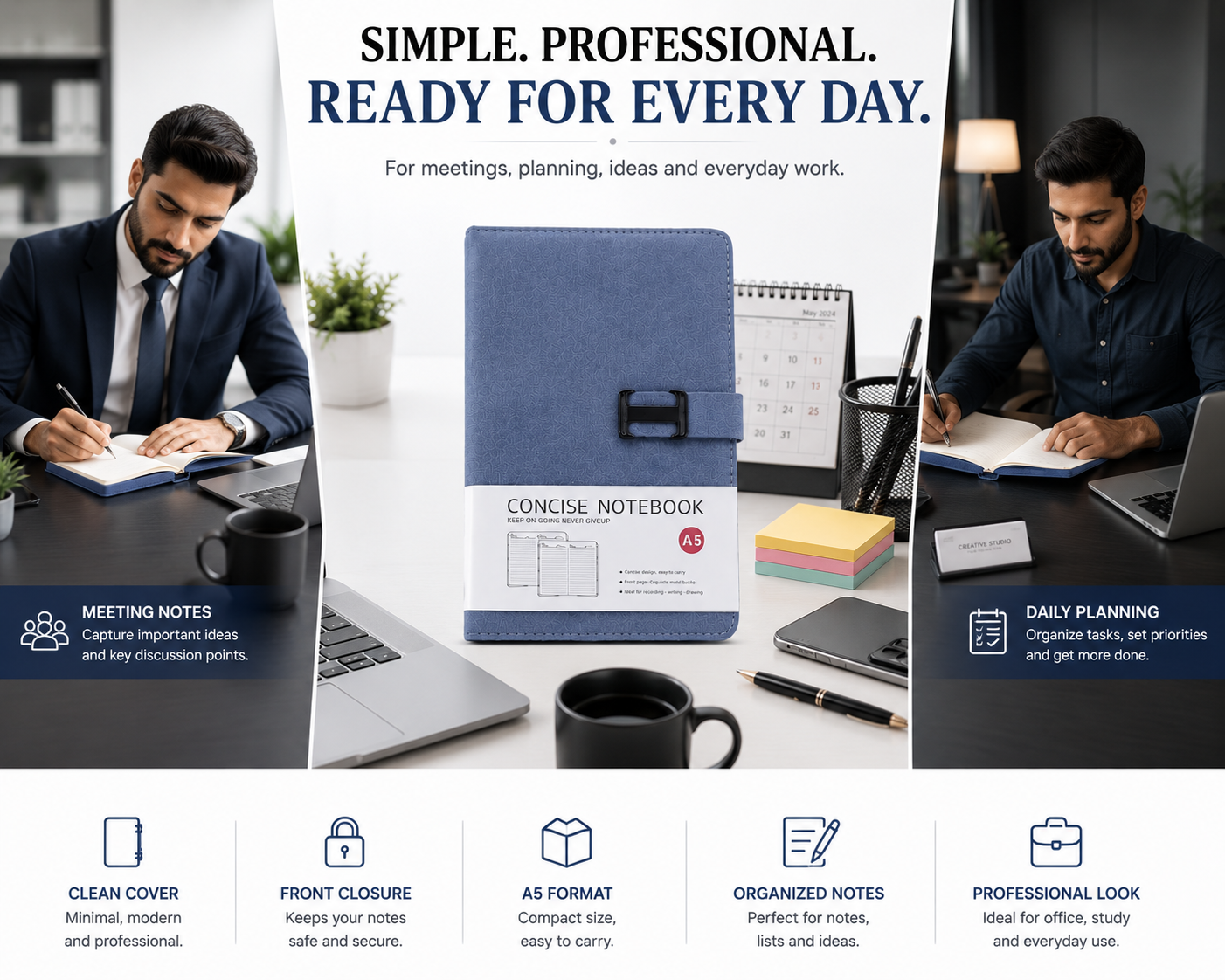 A5 Concise Notebook – Stylish Hardcover Journal with Secure Front Closure for Students, Office & Everyday Use