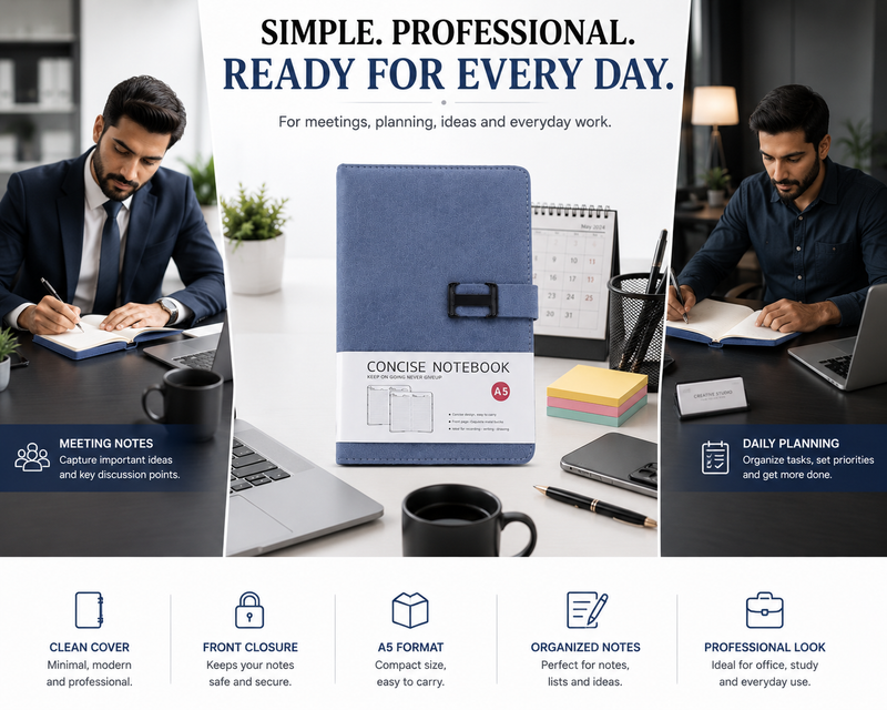 A5 Concise Notebook – Stylish Hardcover Journal with Secure Front Closure for Students, Office & Everyday Use