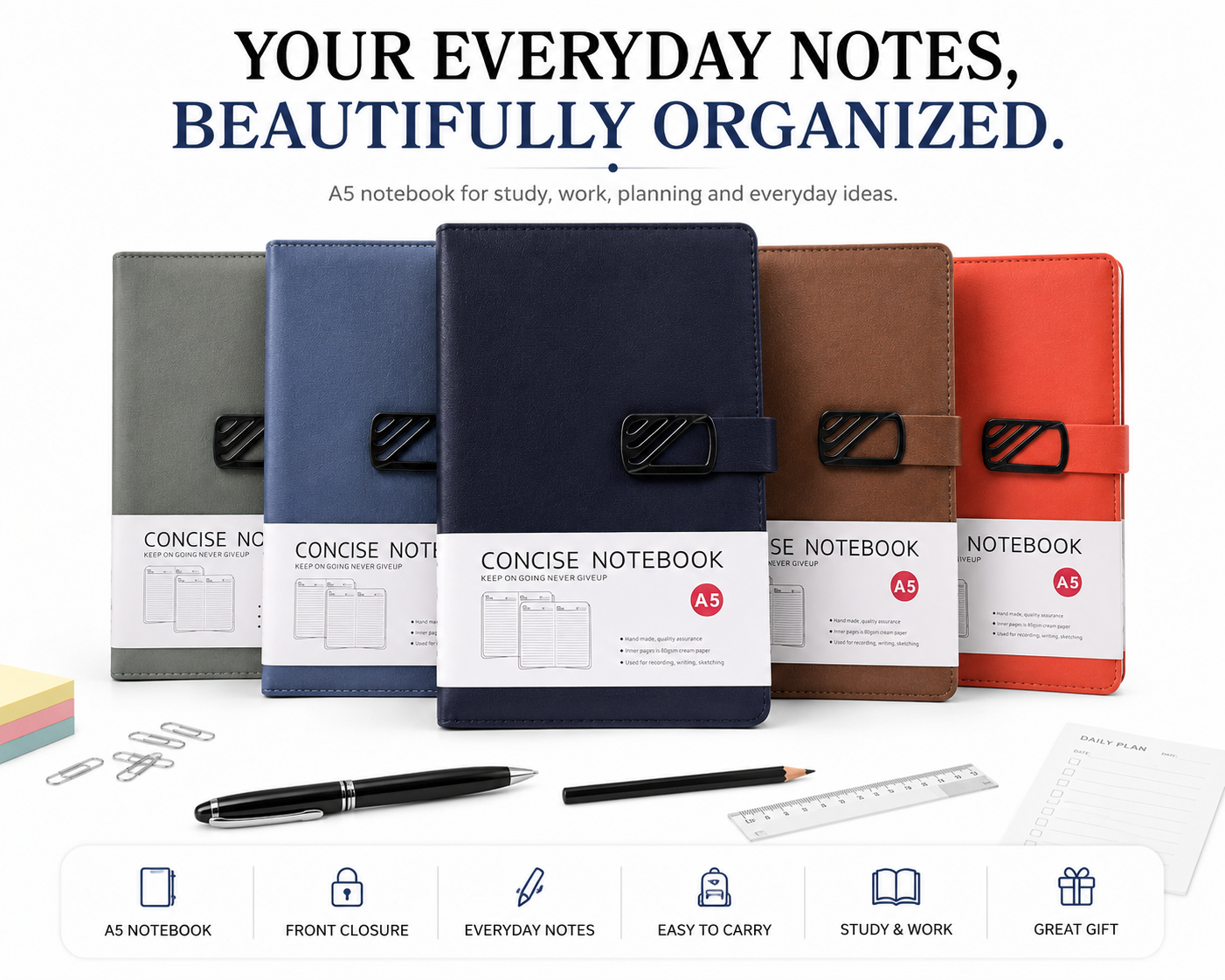 Elegant A5 Concise Notebook – Hardcover Diary for Everyday Writing, Organized Notes & Planning