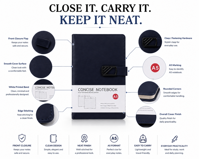 Elegant A5 Concise Notebook – Hardcover Diary for Everyday Writing, Organized Notes & Planning