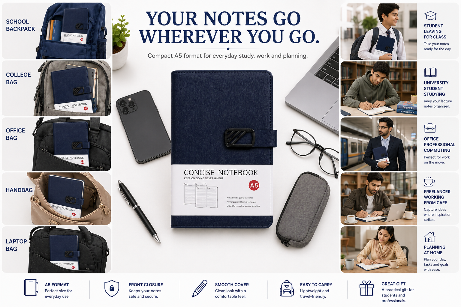 Elegant A5 Concise Notebook – Hardcover Diary for Everyday Writing, Organized Notes & Planning