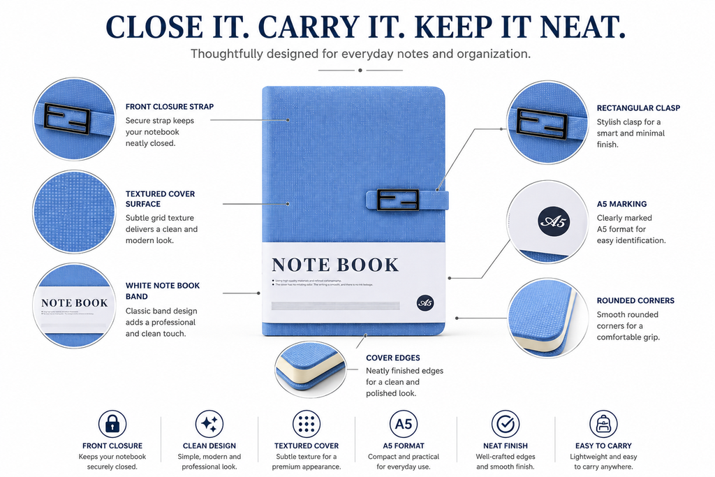 A5 Hardcover Diary with Front Closure – Stylish Notebook for Daily Notes, Work, Study & Planning