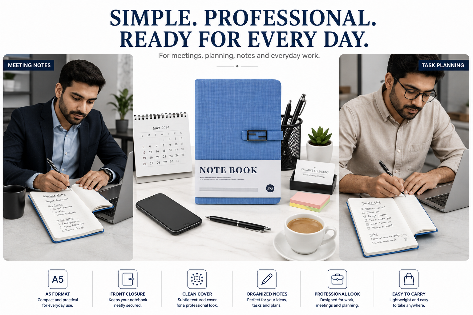 A5 Hardcover Diary with Front Closure – Stylish Notebook for Daily Notes, Work, Study & Planning