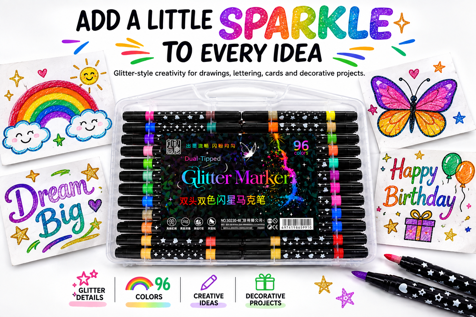 Glitter Marker Set – Shimmering Coloring Pens for DIY Crafts, Greeting Cards, Scrapbooking, Drawing & Creative Projects