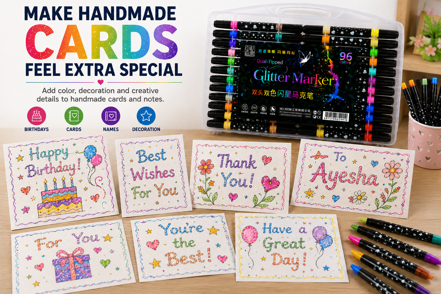 Glitter Marker Set – Shimmering Coloring Pens for DIY Crafts, Greeting Cards, Scrapbooking, Drawing & Creative Projects
