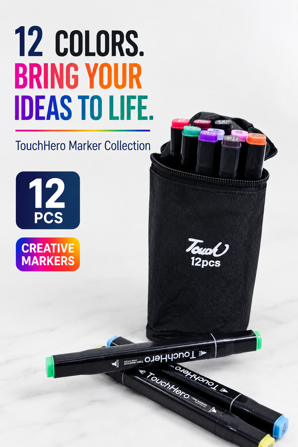 Double-Sided Touch Markers 12 Pcs – Multi-Purpose Art & Coloring Pens with Two Tips and Black Cotton Cover for Easy Storage