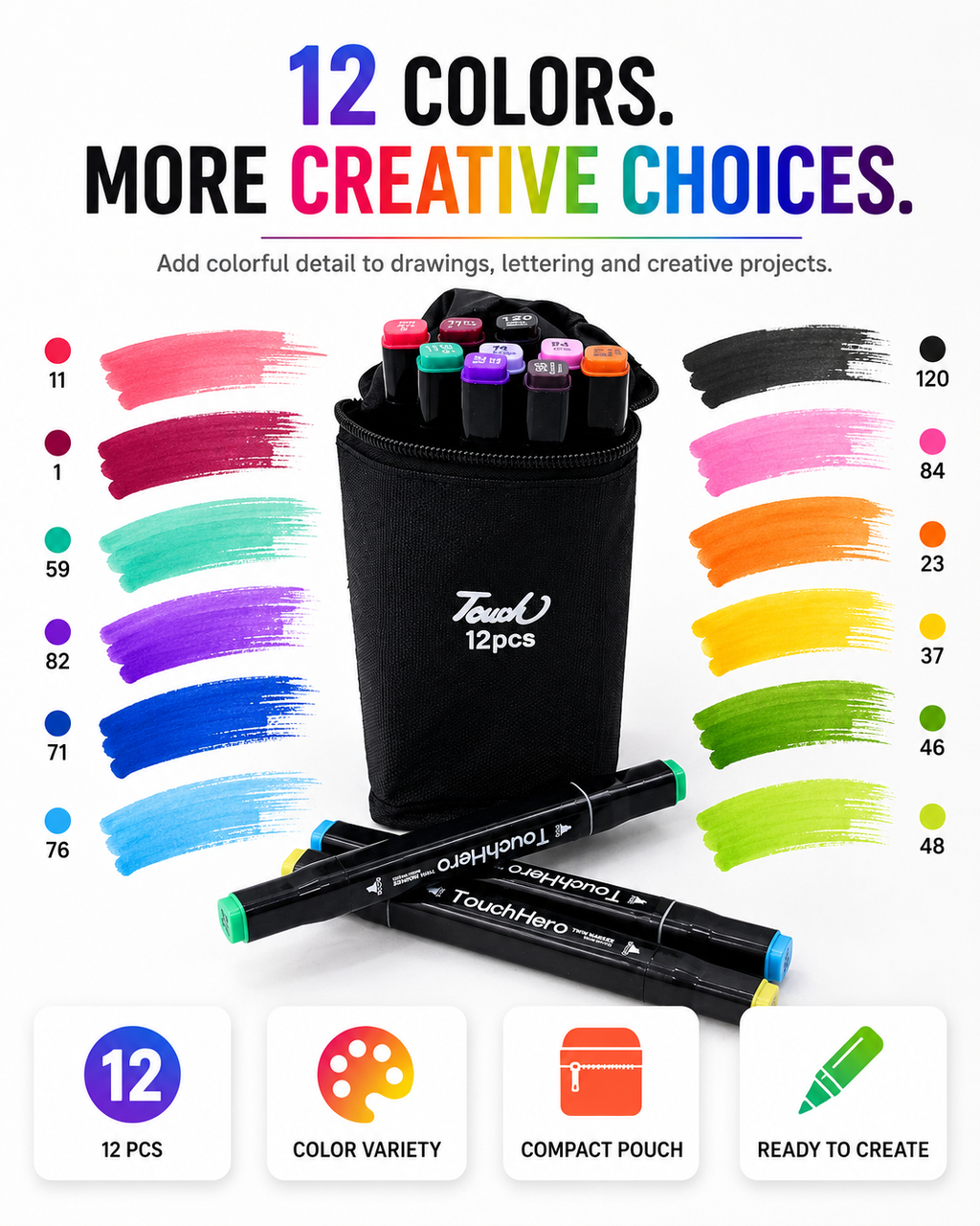 Double-Sided Touch Markers 12 Pcs – Multi-Purpose Art & Coloring Pens with Two Tips and Black Cotton Cover for Easy Storage