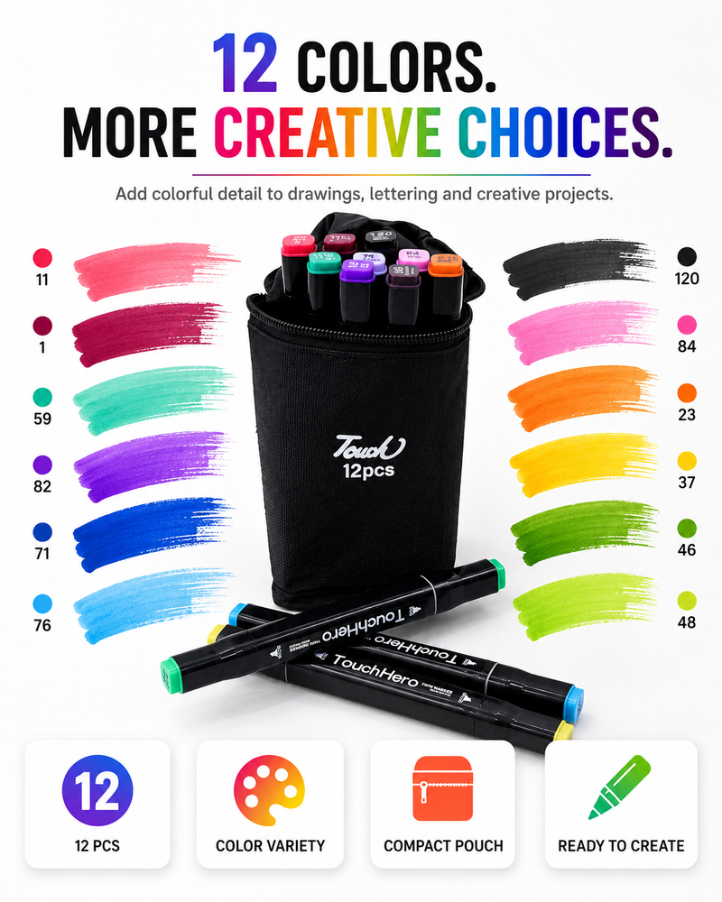 Double-Sided Touch Markers 12 Pcs – Multi-Purpose Art & Coloring Pens with Two Tips and Black Cotton Cover for Easy Storage