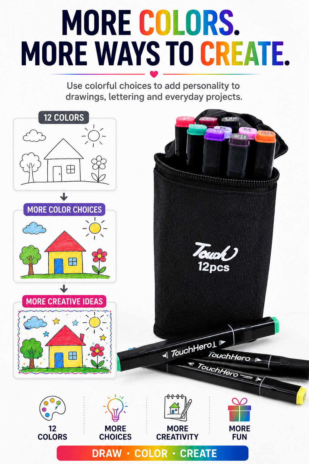 Double-Sided Touch Markers 12 Pcs – Multi-Purpose Art & Coloring Pens with Two Tips and Black Cotton Cover for Easy Storage