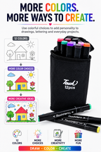 Double-Sided Touch Markers 12 Pcs – Multi-Purpose Art & Coloring Pens with Two Tips and Black Cotton Cover for Easy Storage