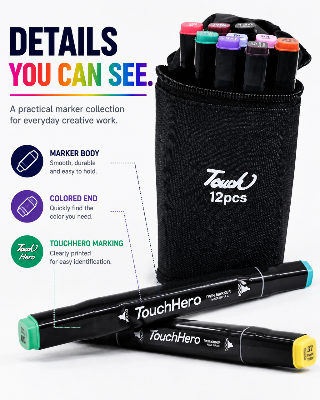 Double-Sided Touch Markers 12 Pcs – Multi-Purpose Art & Coloring Pens with Two Tips and Black Cotton Cover for Easy Storage