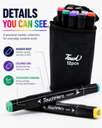 Double-Sided Touch Markers 12 Pcs – Multi-Purpose Art & Coloring Pens with Two Tips and Black Cotton Cover for Easy Storage