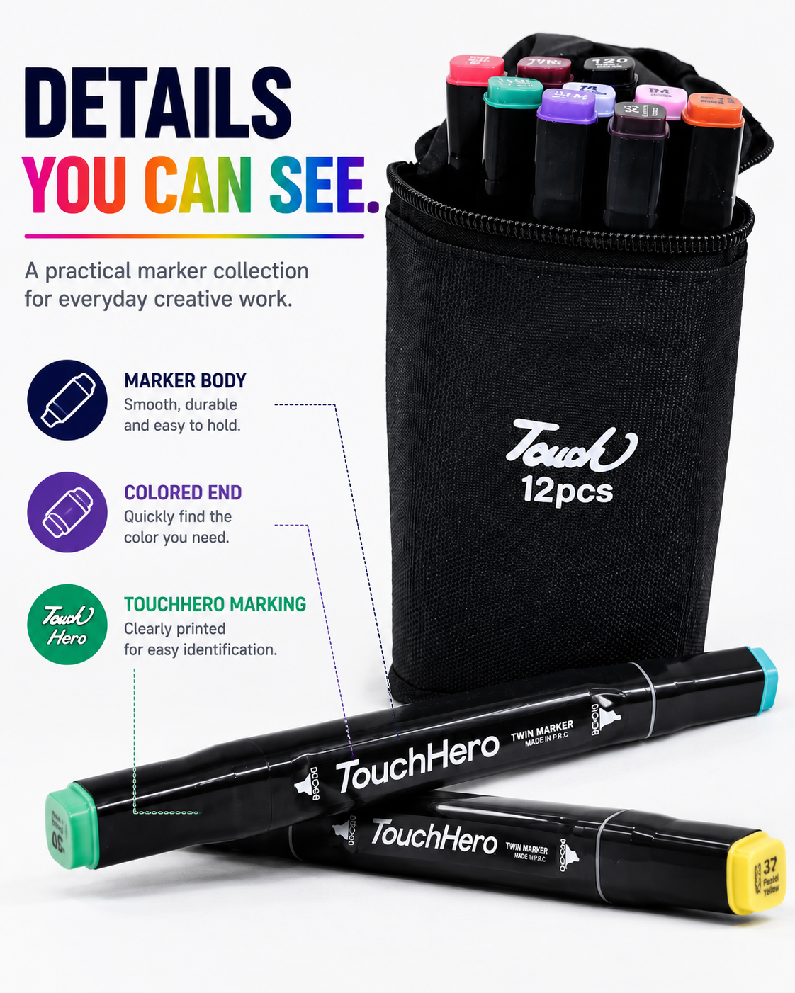 Double-Sided Touch Markers 12 Pcs – Multi-Purpose Art & Coloring Pens with Two Tips and Black Cotton Cover for Easy Storage