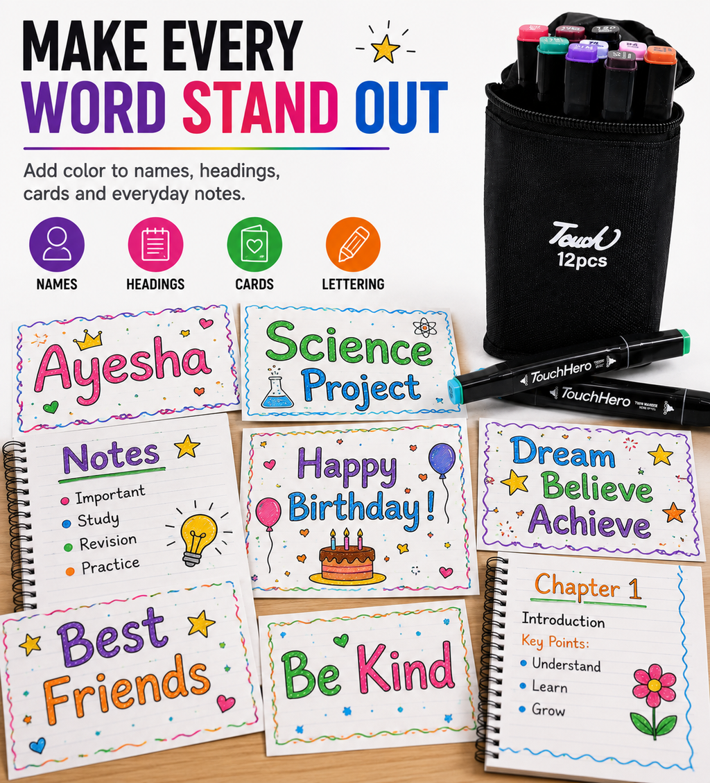 Double-Sided Touch Markers 12 Pcs – Multi-Purpose Art & Coloring Pens with Two Tips and Black Cotton Cover for Easy Storage