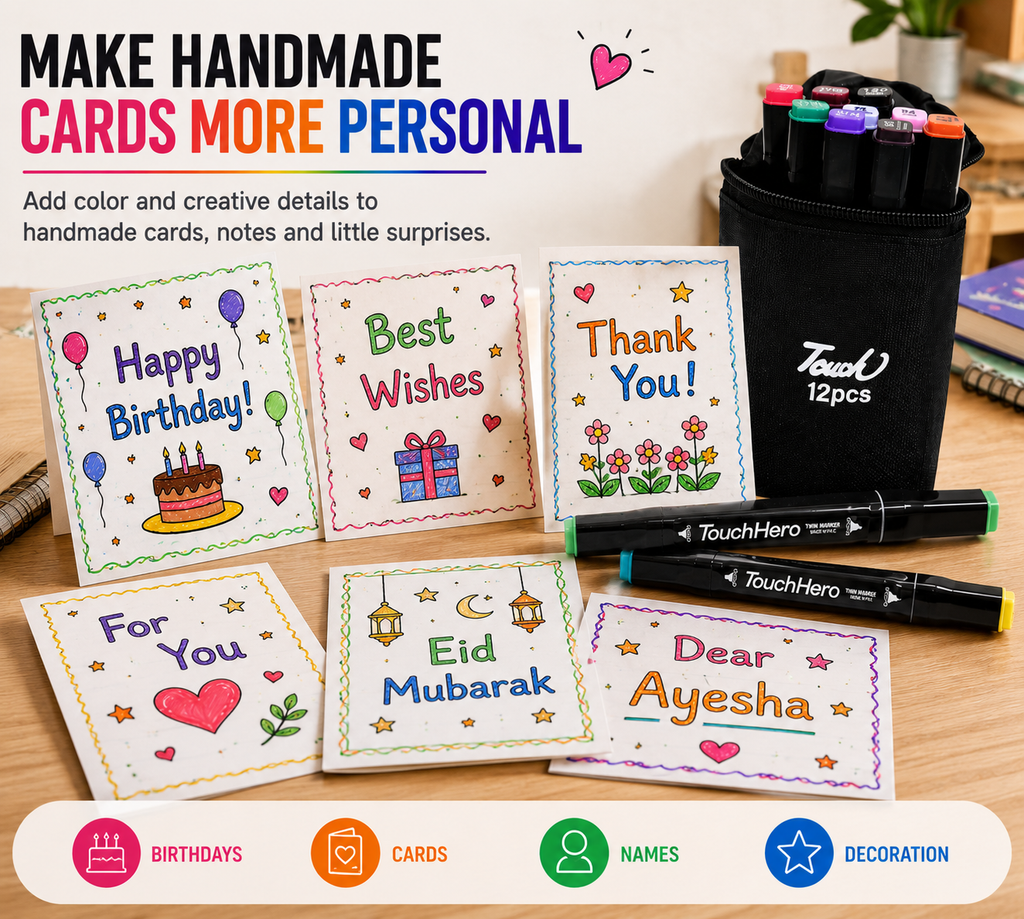 Double-Sided Touch Markers 12 Pcs – Multi-Purpose Art & Coloring Pens with Two Tips and Black Cotton Cover for Easy Storage