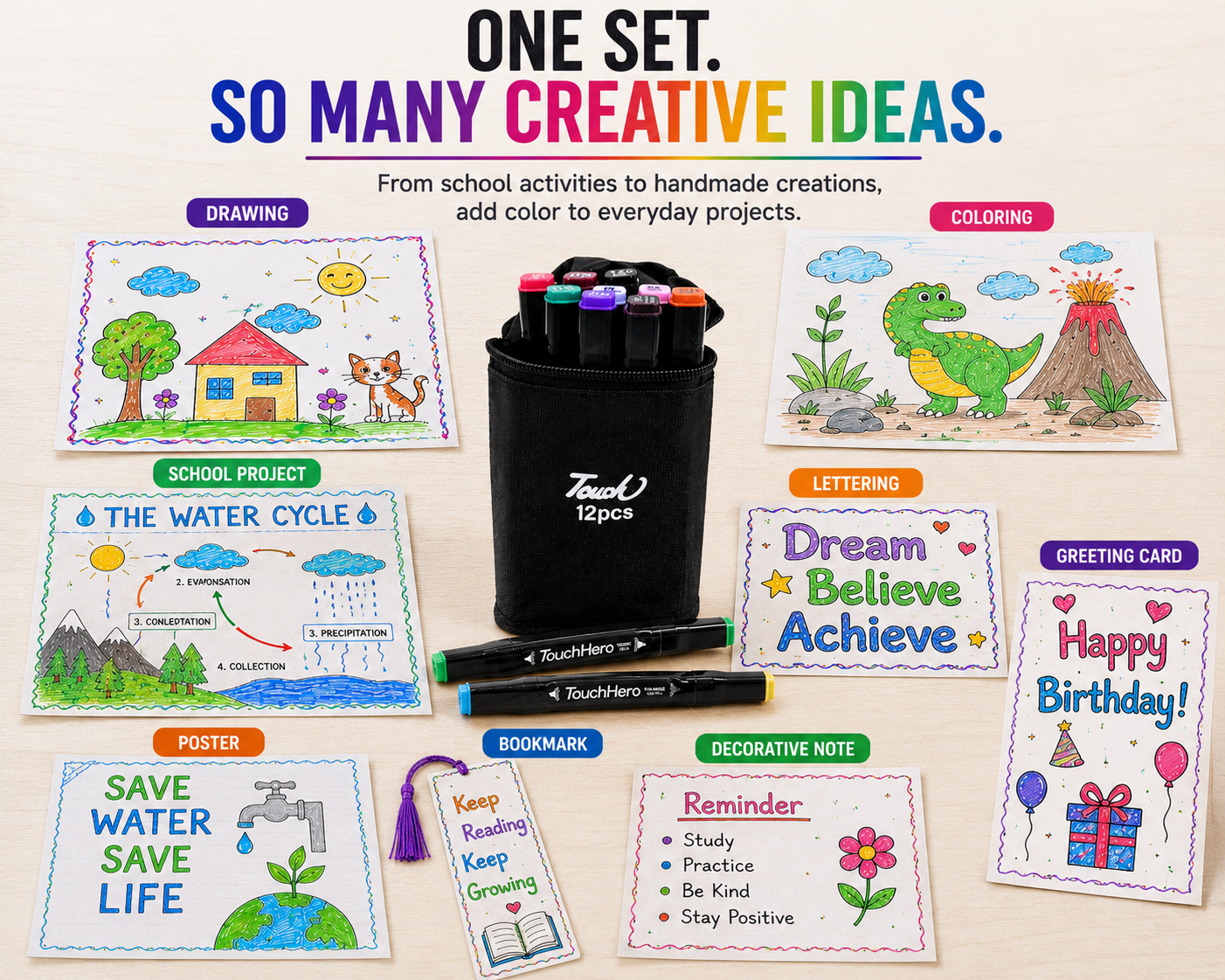 Double-Sided Touch Markers 12 Pcs – Multi-Purpose Art & Coloring Pens with Two Tips and Black Cotton Cover for Easy Storage
