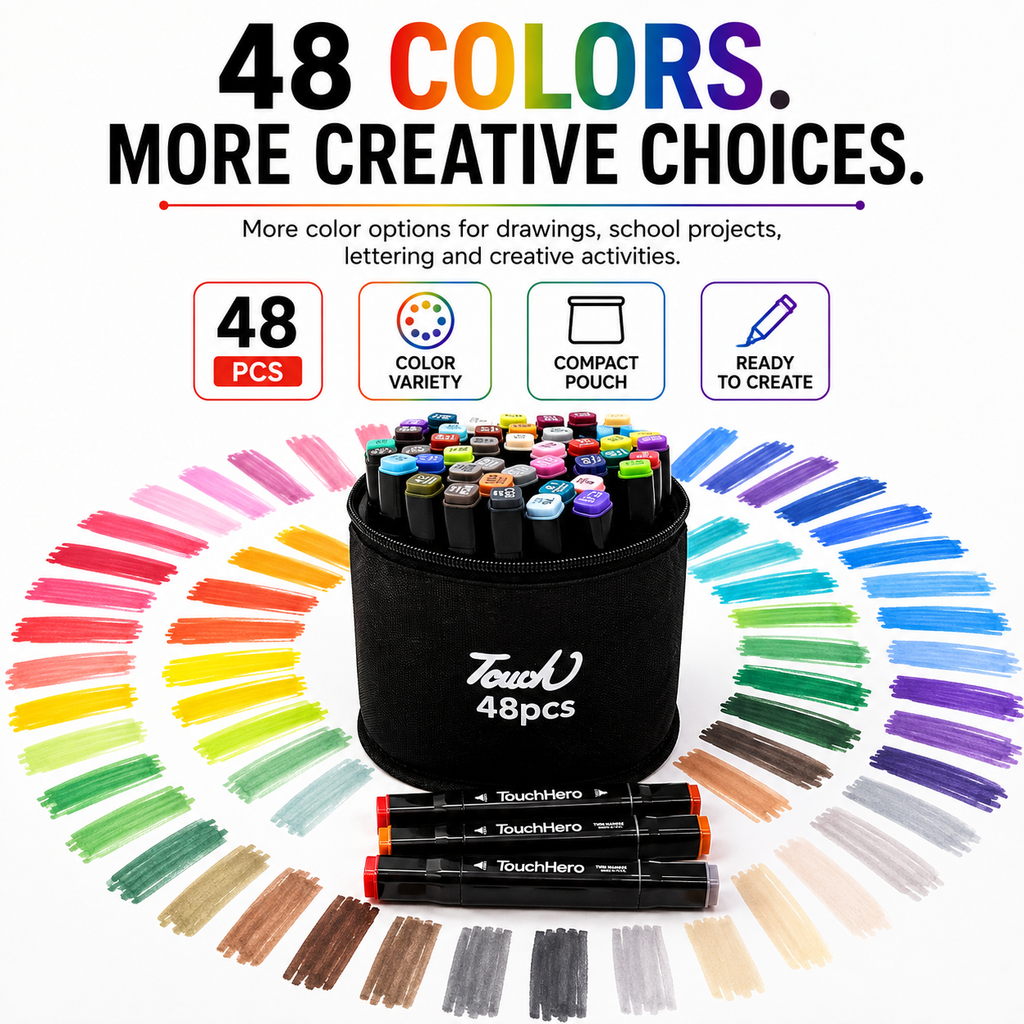 Touch 48-Piece Double-Sided Marker Set with Black Cotton Cover – Dual Tip Art Markers for Drawing, Sketching, Coloring, Shading & Creative Projects