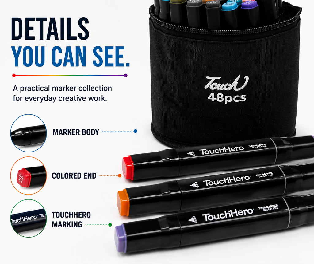 Touch 48-Piece Double-Sided Marker Set with Black Cotton Cover – Dual Tip Art Markers for Drawing, Sketching, Coloring, Shading & Creative Projects