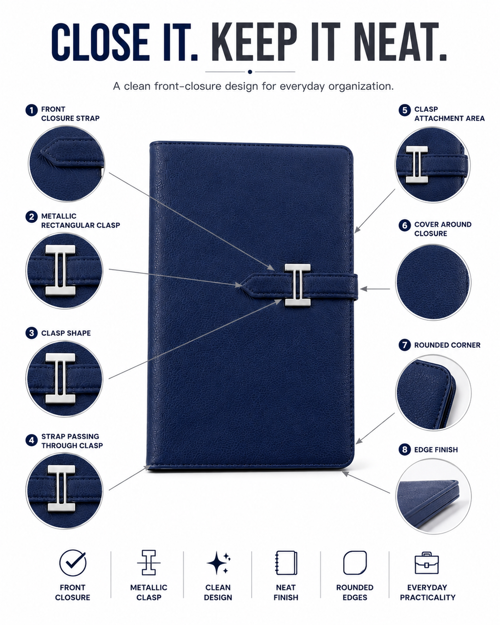 A5 Premium Journal Notebook – Stylish Front-Clasp Design for Organized Notes, Work, Study & Daily Planning