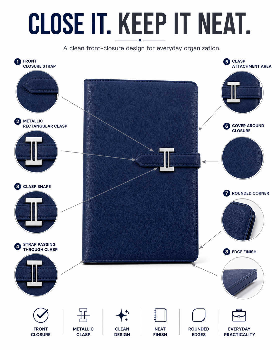 A5 Premium Journal Notebook – Stylish Front-Clasp Design for Organized Notes, Work, Study & Daily Planning