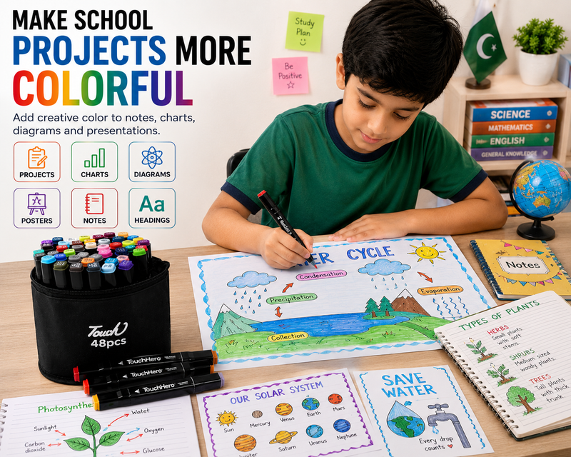 Touch 48-Piece Double-Sided Marker Set with Black Cotton Cover – Dual Tip Art Markers for Drawing, Sketching, Coloring, Shading & Creative Projects