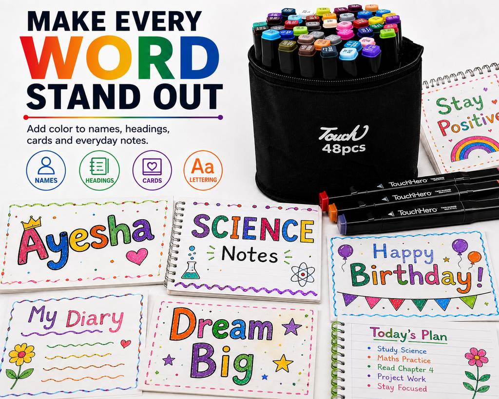 Touch 48-Piece Double-Sided Marker Set with Black Cotton Cover – Dual Tip Art Markers for Drawing, Sketching, Coloring, Shading & Creative Projects