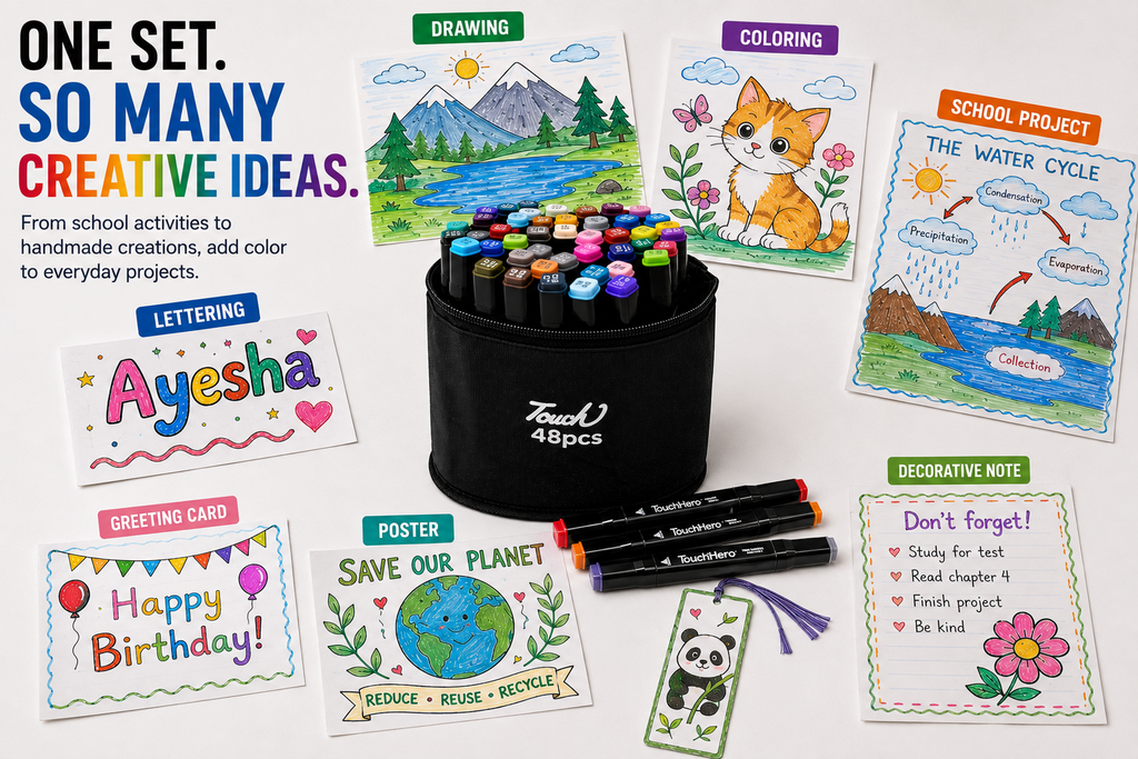 Touch 48-Piece Double-Sided Marker Set with Black Cotton Cover – Dual Tip Art Markers for Drawing, Sketching, Coloring, Shading & Creative Projects