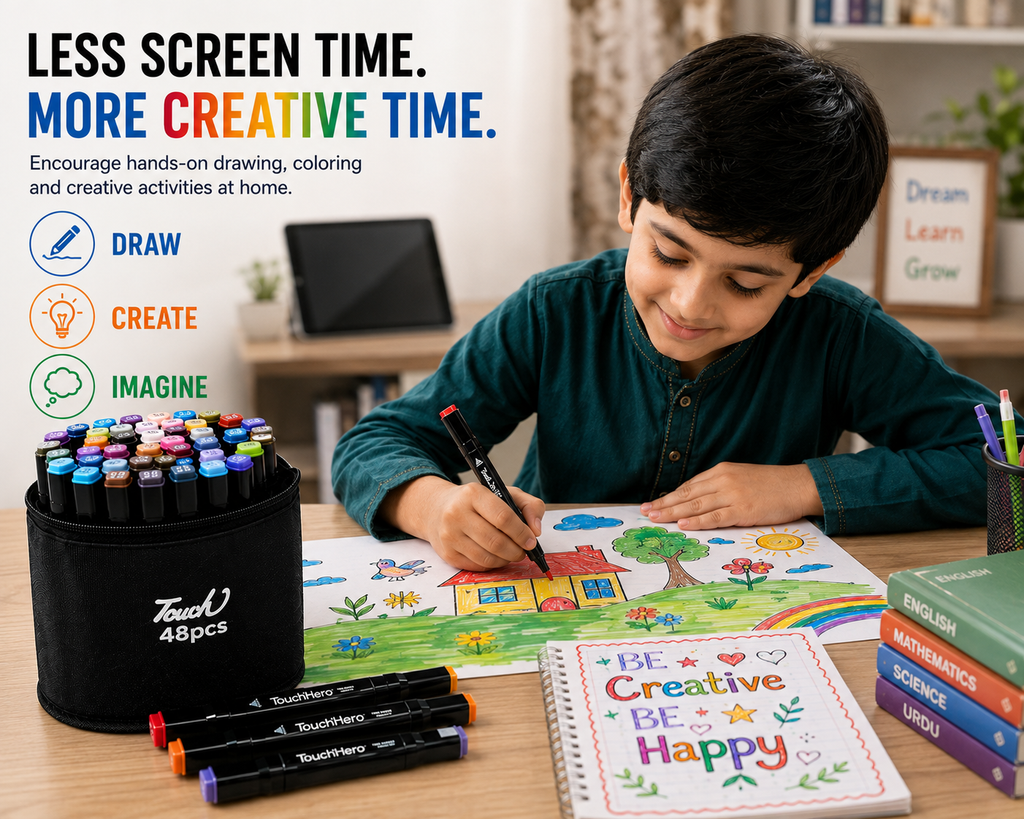 Touch 48-Piece Double-Sided Marker Set with Black Cotton Cover – Dual Tip Art Markers for Drawing, Sketching, Coloring, Shading & Creative Projects