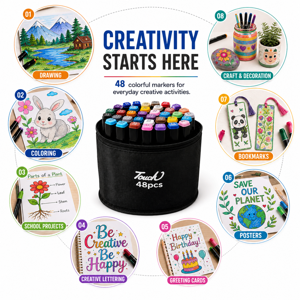 Touch 48-Piece Double-Sided Marker Set with Black Cotton Cover – Dual Tip Art Markers for Drawing, Sketching, Coloring, Shading & Creative Projects