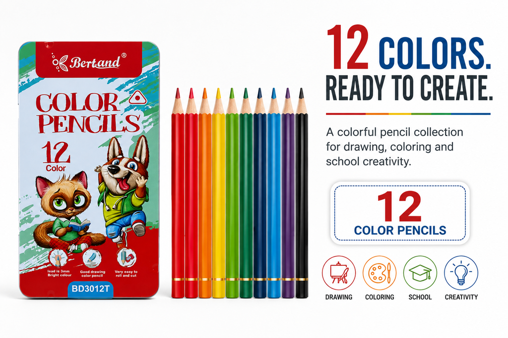 12-Piece Bertand Colour Pencil Set – Bright Shades with Smooth Colour Application for School, Drawing, Crafts & Creative Learning