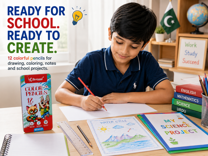 12-Piece Bertand Colour Pencil Set – Bright Shades with Smooth Colour Application for School, Drawing, Crafts & Creative Learning