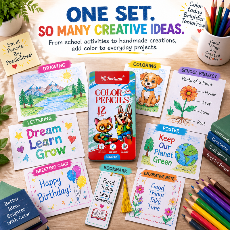 12-Piece Bertand Colour Pencil Set – Bright Shades with Smooth Colour Application for School, Drawing, Crafts & Creative Learning