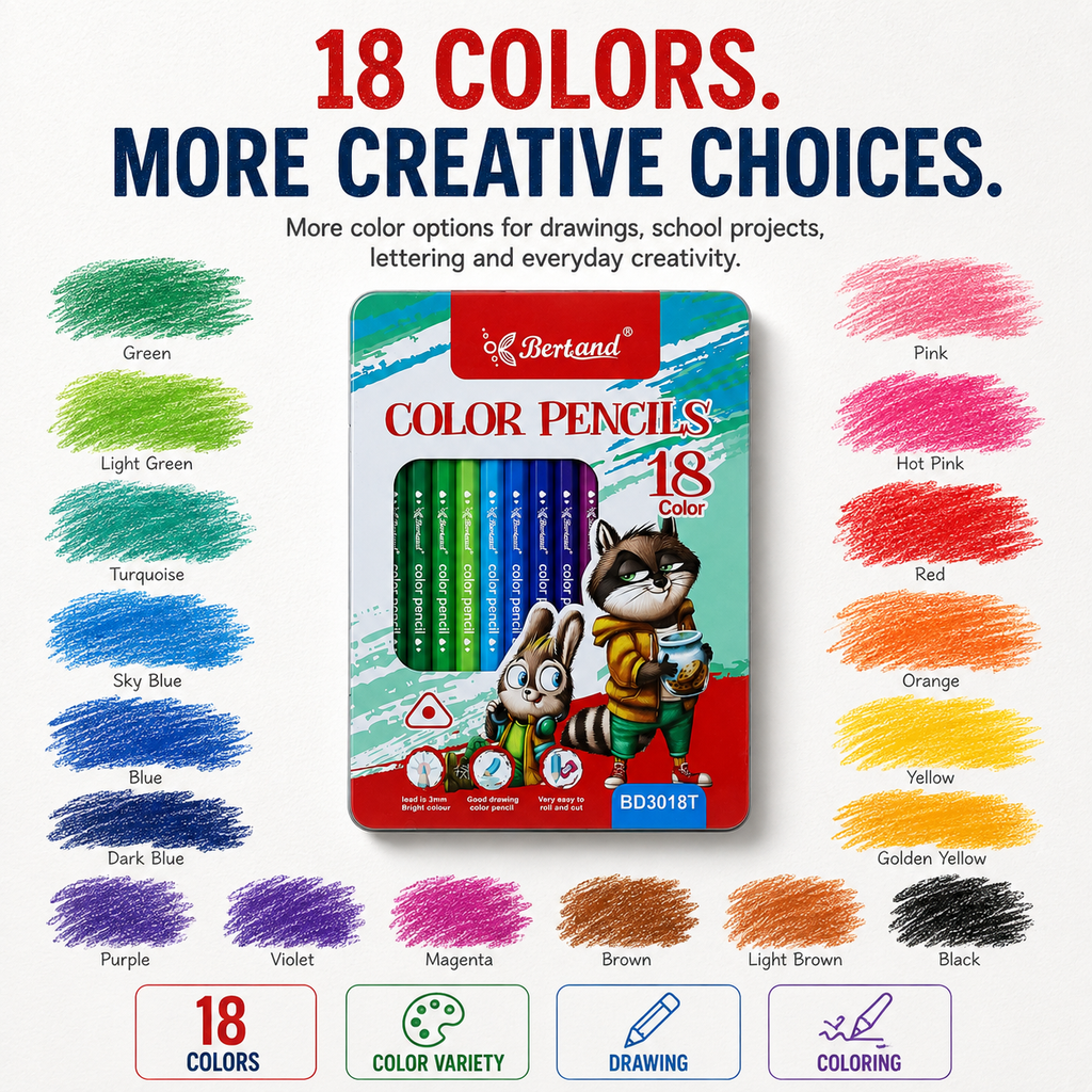 Bertand 18-Piece Colour Pencil Set – Vibrant Shades for Smooth Colouring, Drawing, Sketching, School Projects & Creative Artwork