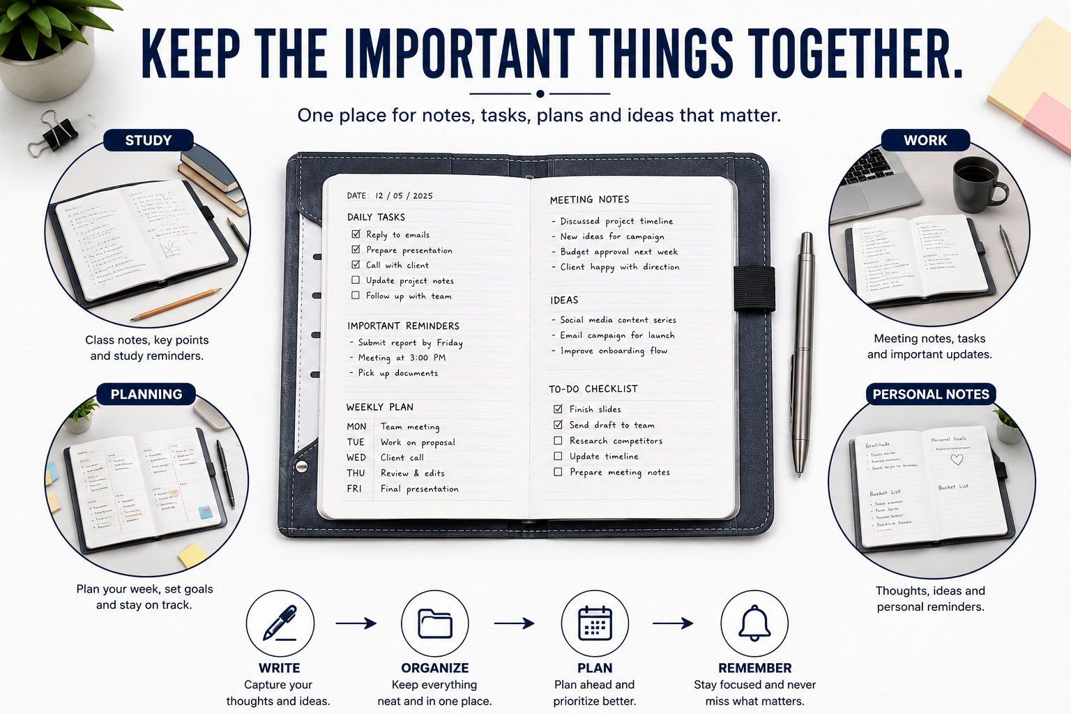 Executive Organizer Notebook with Pen – Premium Navy Journal Gift Set for Business, Meetings, Planning & Writing