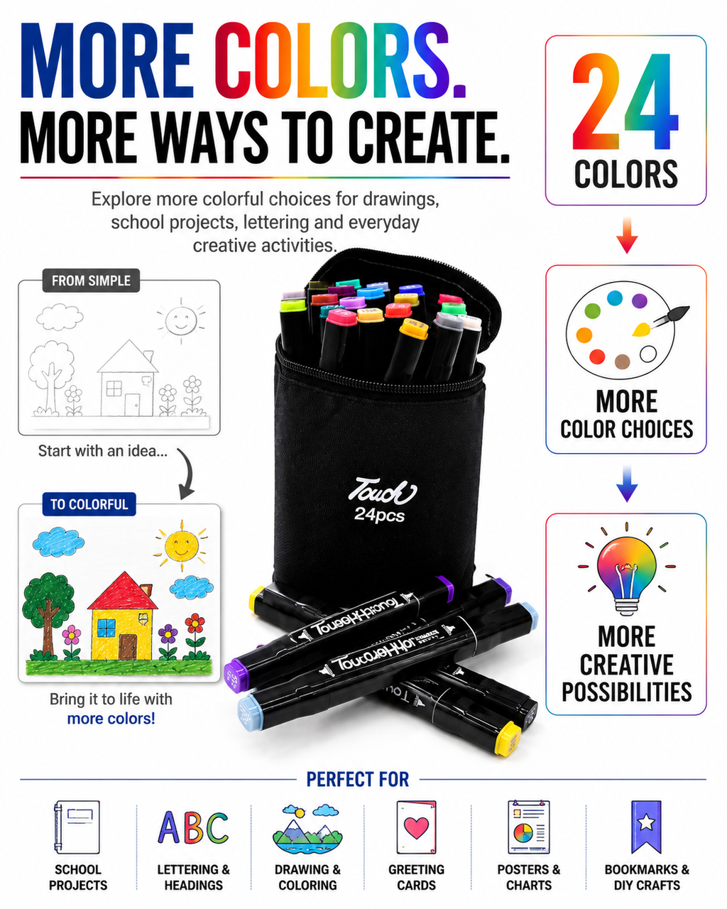Touch 24-Color Double-Ended Marker Set – Fine & Chisel Tips with Black Pouch for Artists, Students, Sketching & Coloring