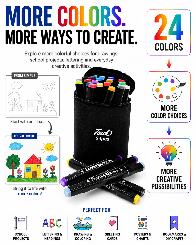 Touch 24-Color Double-Ended Marker Set – Fine & Chisel Tips with Black Pouch for Artists, Students, Sketching & Coloring