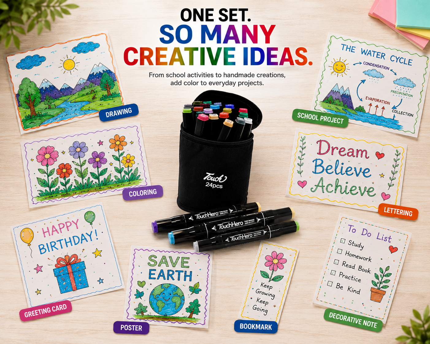 Touch 24-Color Double-Ended Marker Set – Fine & Chisel Tips with Black Pouch for Artists, Students, Sketching & Coloring