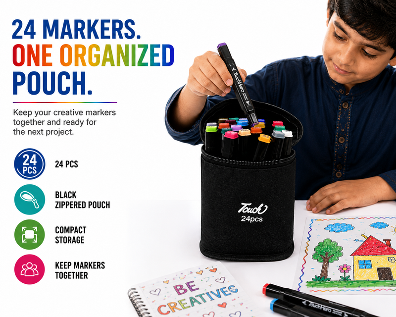 Touch 24-Color Double-Ended Marker Set – Fine & Chisel Tips with Black Pouch for Artists, Students, Sketching & Coloring