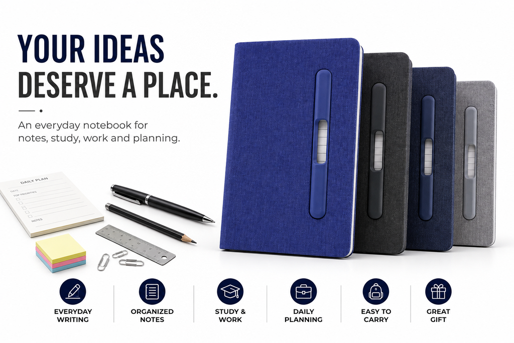 Premium Hardcover A5 Notebook – Built-In Pen Holder for Notes, School, Office & Daily Planning