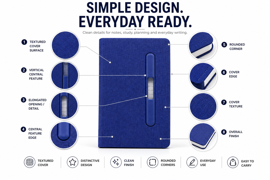Premium Hardcover A5 Notebook – Built-In Pen Holder for Notes, School, Office & Daily Planning